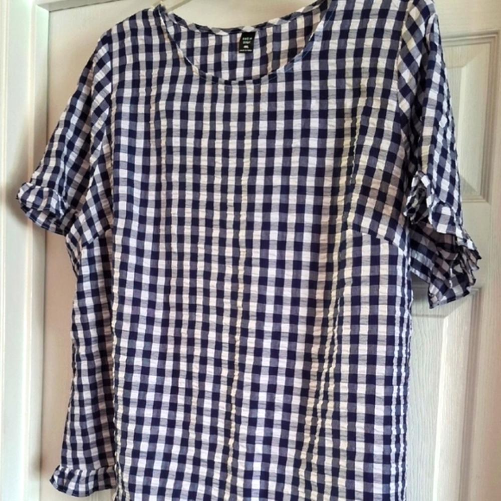 SHEIN Blue and White Checkered Blouse with Ruffled Hem And Sleeves.